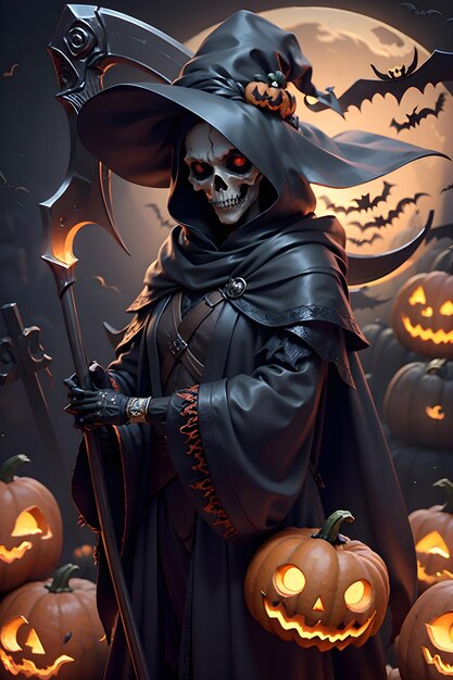 Grimreaper in a black cloak with a scythe in hands is standing next to pumpkins