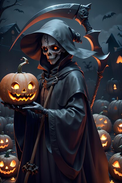 Grimreaper in a black cloak with a scythe in hands is standing next to pumpkins