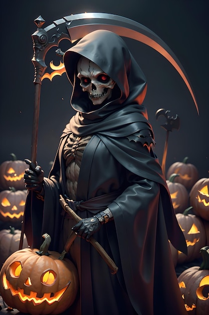 Grimreaper in a black cloak with a scythe in hands is standing next to pumpkins