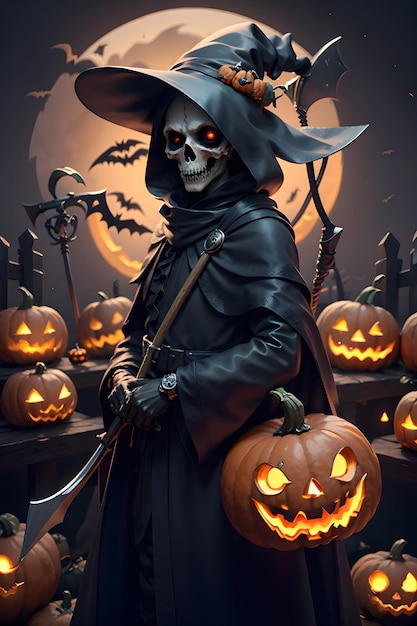 Grimreaper in a black cloak with a scythe in hands is standing next to pumpkins