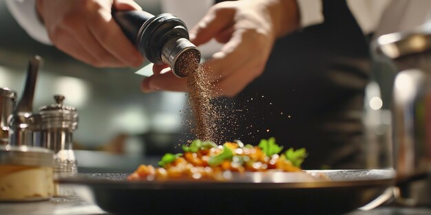 Photo grinding pepper over dish