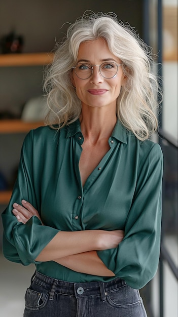 Photo grinning middleaged accomplished businesswoman wearing a forest green shirt