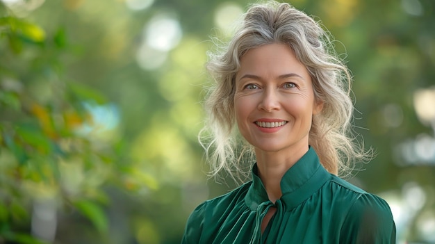 Photo grinning middleaged accomplished businesswoman wearing a forest green shirt