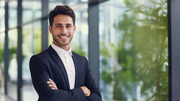 Grinning skilled Hispanic businessman corporate staff male executive office employee gazing at camera gripping digital tablet standing in workplace with large windows headshot blank room