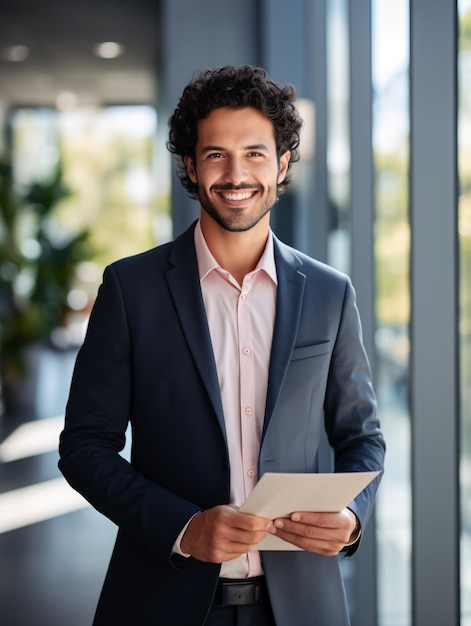 Grinning skilled Latin businessman worker male corporate executive office staff gazing at camera holding electronic tablet standing in workplace with large windows portrait blank area