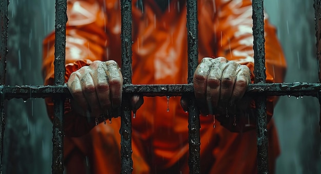 The grip of confinement a prisoners hands in the rain