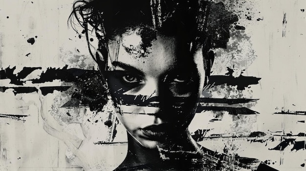 Gritty Black and White Abstract Portrait of a Woman with Paint Splatter Effects