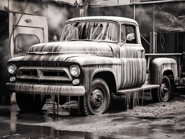 A gritty black and white photograph of a weathered work truck getting a car wash