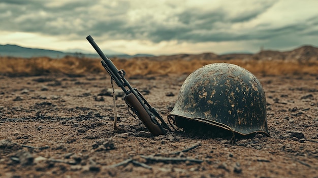 Photo gritty closeup soldiers helmet rifle a wartime image