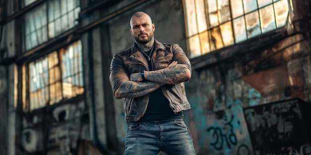 Photo gritty urban portrait of a tattooed man