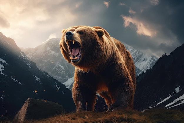 Grizzly bear roar on the mountains at sunset Beautiful nature scene with wild animal