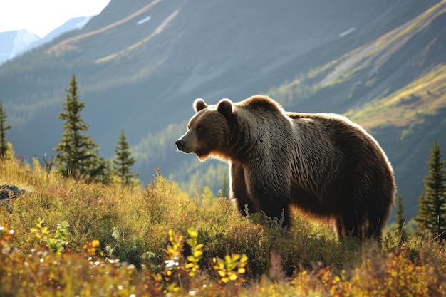 A grizzly bear standing tall in a lush mountain meadow