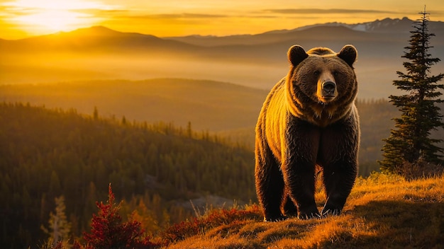 Grizzly Bear Standing Tall To Scout Terrain At Sunrise