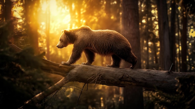 Grizzly bear walking on a wooden log in the forest