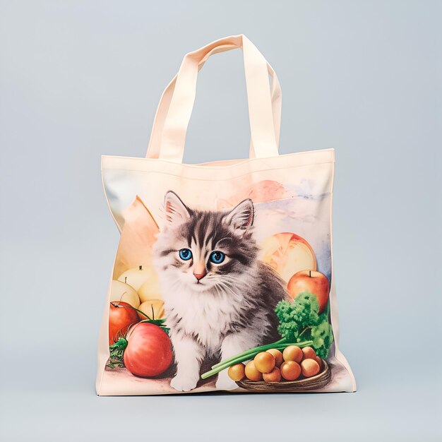 Groceries bag with cat on the light background