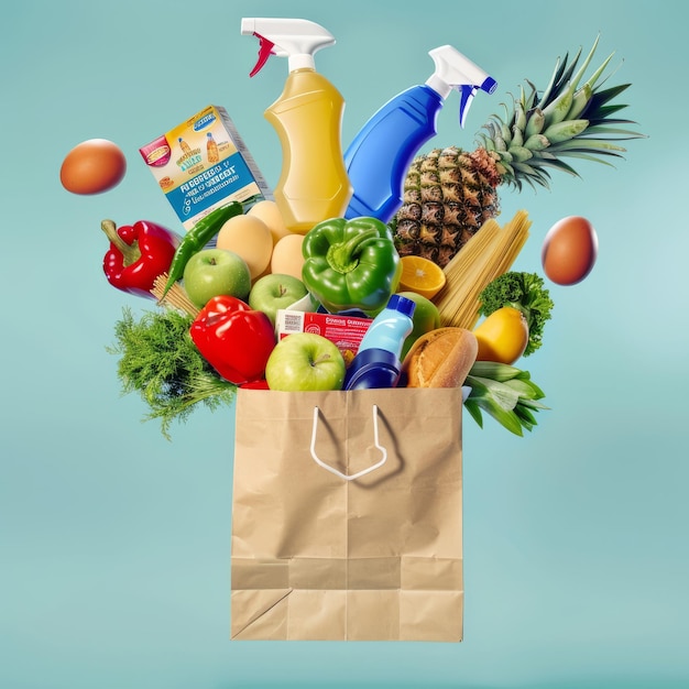 Photo groceries flying out of a brown paper bag