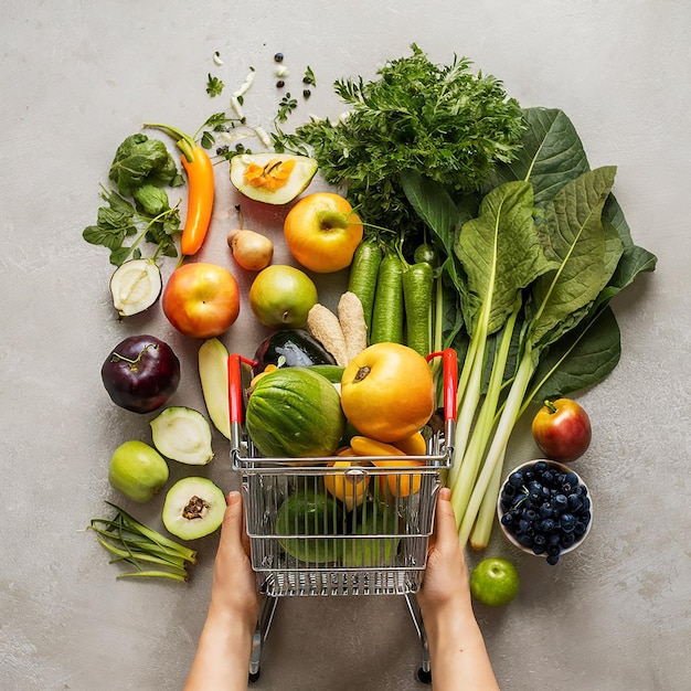 Groceries shopping a basket of fruits vegetables including apples kale tomato onion