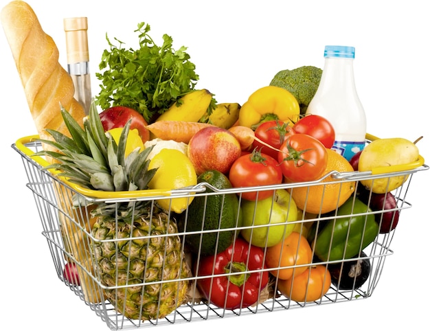 Groceries Shopping Basket with fruits and vegetables isolated