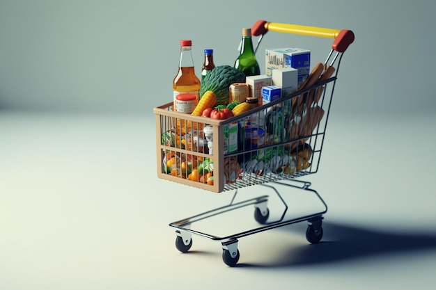 Groceries in a shopping cart on a white backdrop