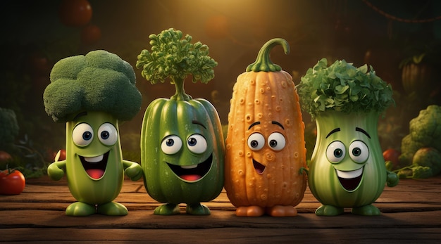 Groceries vegetables and fruits characters in Pixar cartoon style diet food fresh from the field funny cute animals