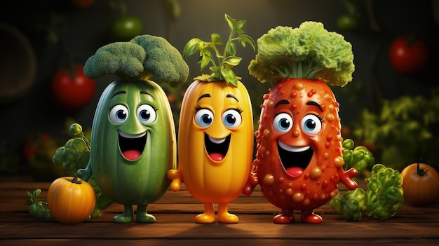 Groceries vegetables and fruits characters in Pixar cartoon style diet food fresh from the field funny cute animals