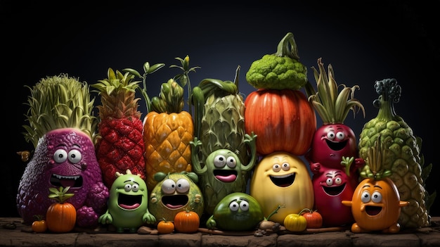 Groceries vegetables and fruits characters in Pixar cartoon style diet food fresh from the field funny cute animals