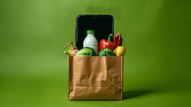 The grocery bag with smartphone