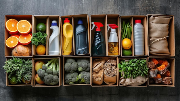 Photo grocery and cleaning products in boxes