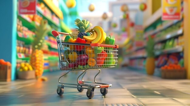 Grocery Shopping Cart 3D Icon in Supermarket Setting with Copy Space for Advertising