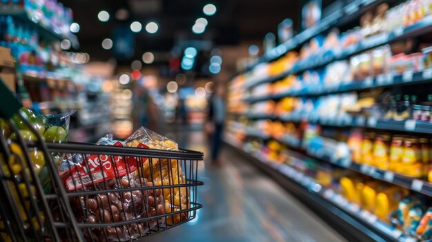 Grocery shopping cart in a supermarket aisle