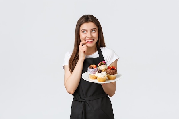 Grocery store employees small business and coffee shops concept cheerful silly waitress want have bi...