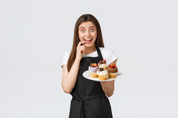 Grocery store employees small business and coffee shops concept cheerful silly waitress want have bi...