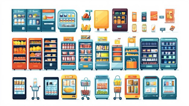 Photo grocery store furniture set isolated on white background vector cartoon illustration of produce bins refrigerated sections cash registers shopping carts supermarket design elements