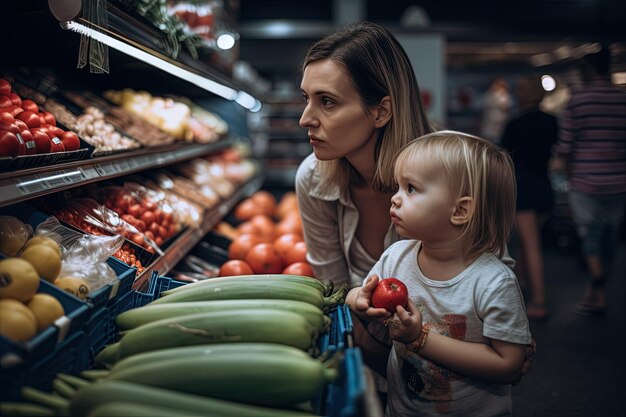 Grocery store scene with mother and child picking food in local supermarket