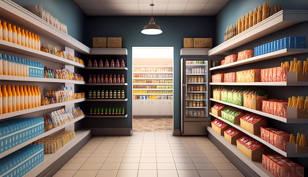 A grocery store with a blue wall and a fridge with the word milk on it