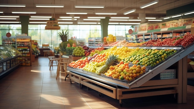 a grocery store with a large display of fruits and vegetables