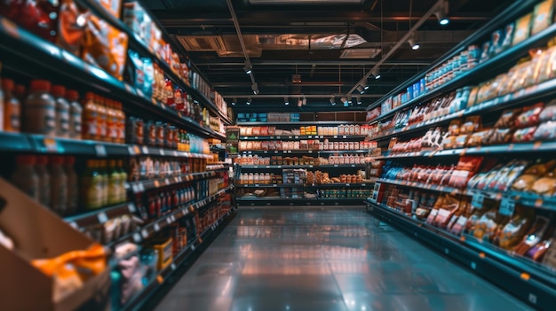 a grocery store with a person walking in the aisle