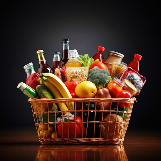 Grocery Wonderland A Bountiful Shopping Basket Filled with Delightful Variety of Food and Drinks S