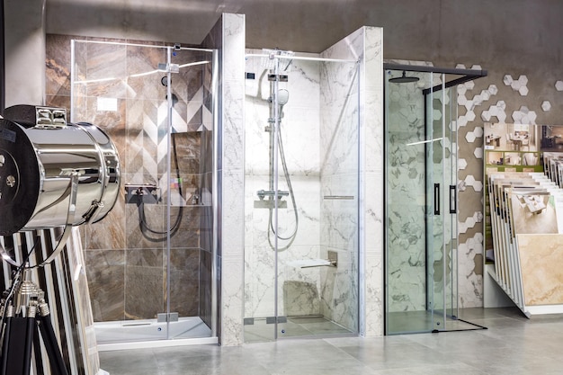 GRODNO BELARUS DECEMBER 2018 shower cabin inside interior in shop showroom of elite plumbing