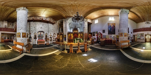 GRODNO BELARUS MAY 05 2015 Full 360 panorama in equirectangular spherical projection in the beautiful Ortodox Church Kalozha with icons on the walls Photorealistic VR content