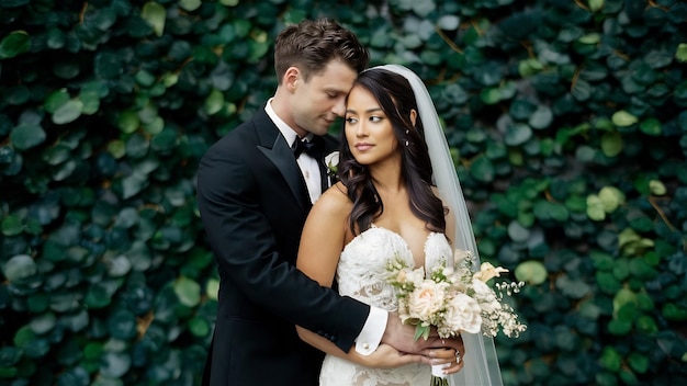 Groom in black tuxedo hugs tender stunning bride while they stand