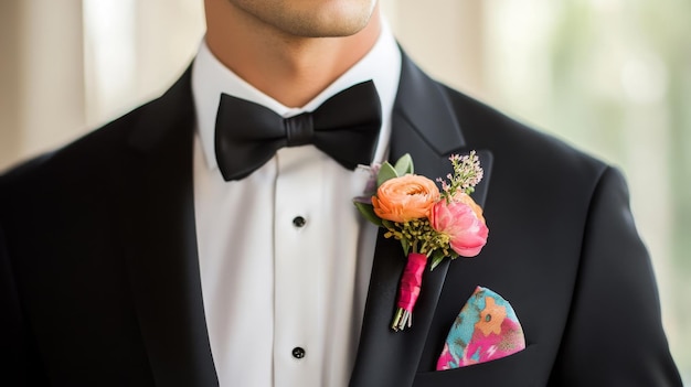 Photo groom in black tuxedo with colorful boutonniere and pocket square at wedding venue