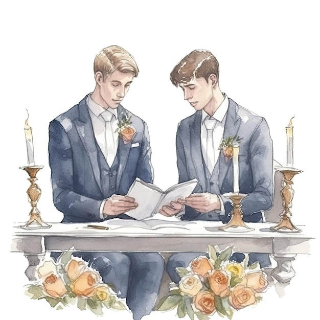 Groom couple wedding watercolor image for invitation card or poster Ai generative