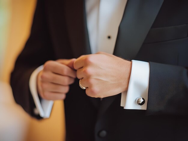 Photo groom dressed in classic tuxedo with cufflinks