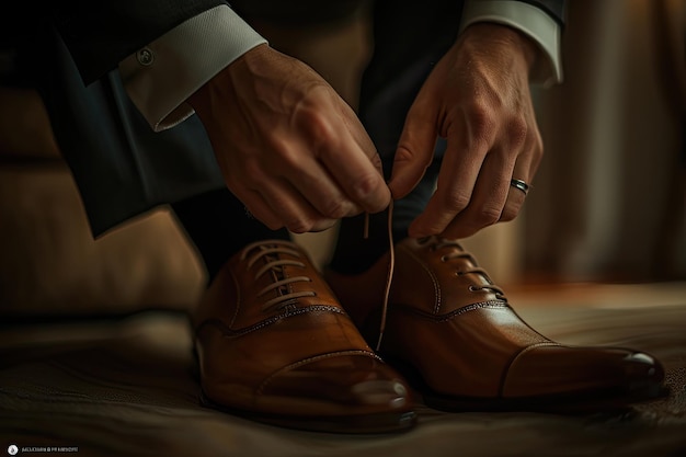 Groom Fastening Brown Dress Shoes in Preparation for Wedding