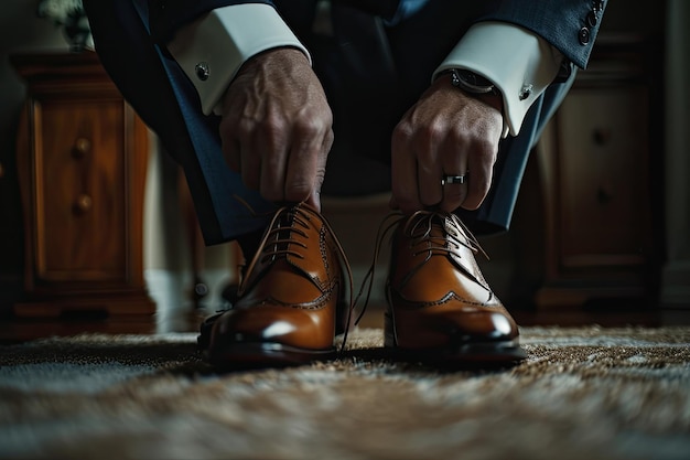 Groom Fastening Brown Dress Shoes in Preparation for Wedding