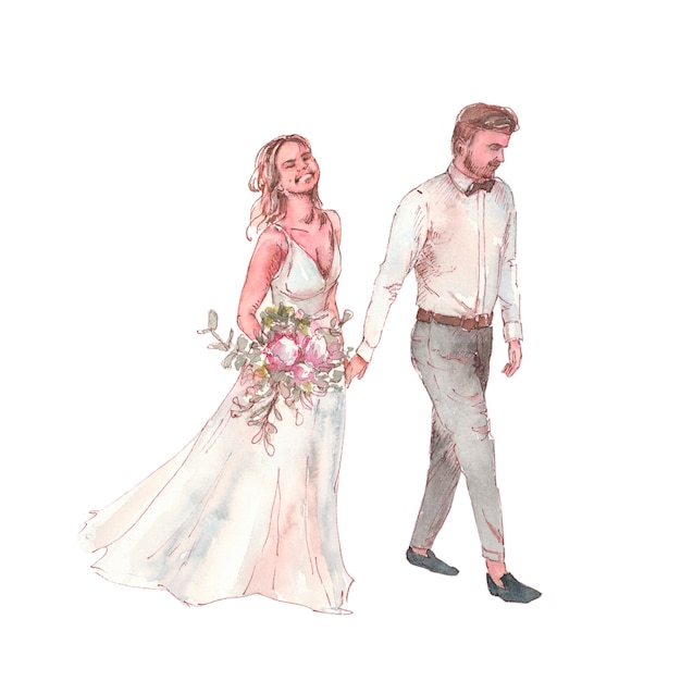 groom and happy bride with wedding bouquet walking together watercolor illustration