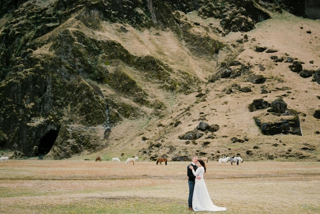 Groom hugs bride against the backdrop of horses grazing at the foot of the mountain Iceland