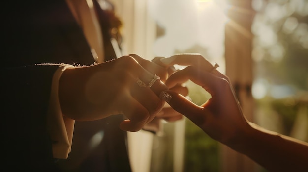 Photo groom places elegant diamond ring