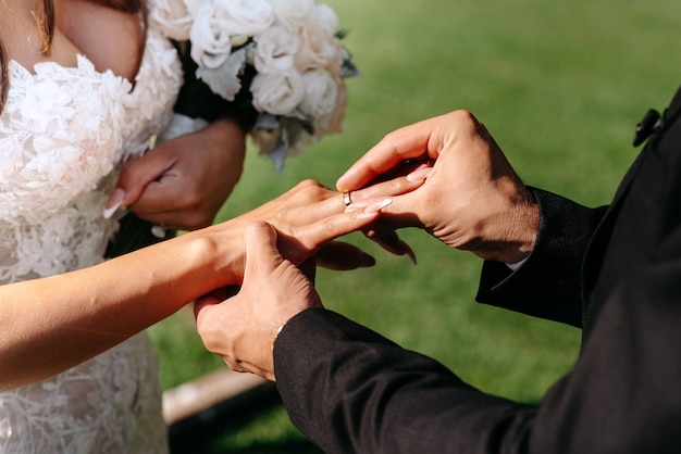 the groom puts on the brides ring